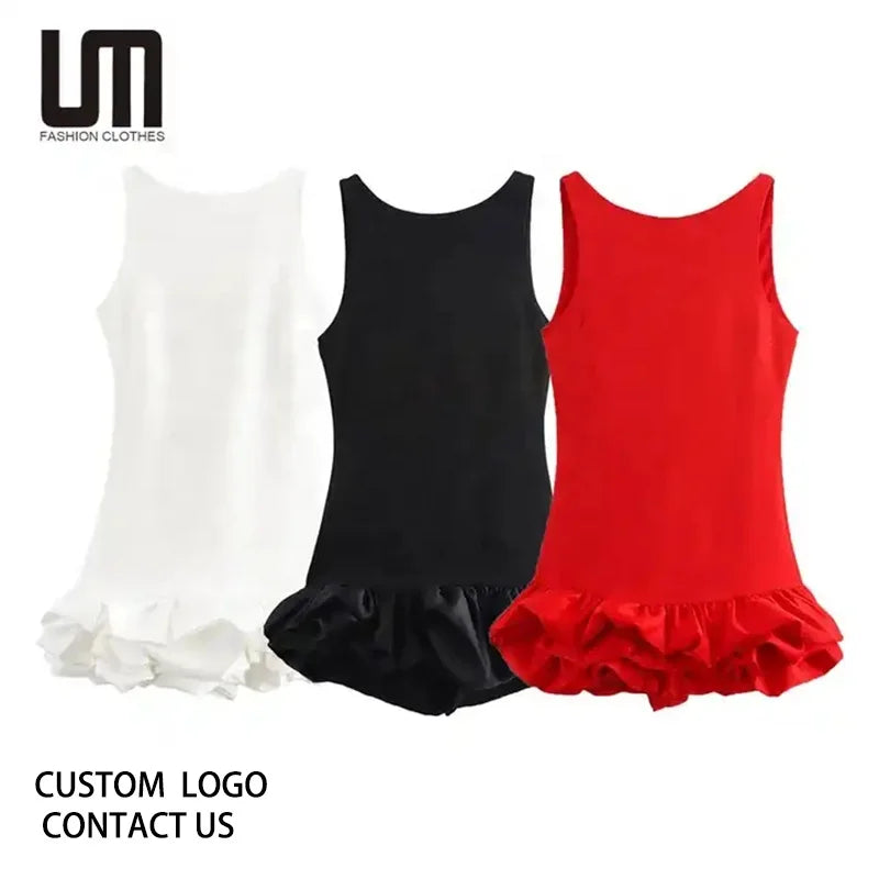Liu Ming 2025 Women's Elegant Sleeveless Short Mini Dress Zippers Fashionable Ruffles Cute Y2K Style Eco-Friendly Solid Pattern
