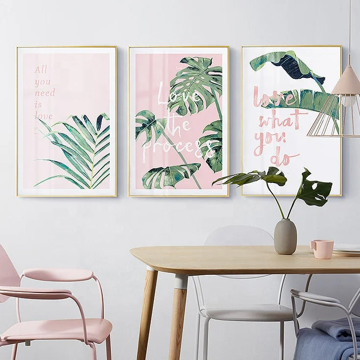 HD Nordic Pink Poster Green Leaves and Flamingo Motivational Canvas Oil Painting Wall Art Abstract Girl's Room Decor Aesthetic