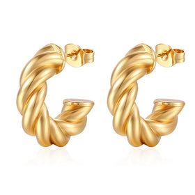 Women Girls Fashionable Hoop Gold Plated Stainless Steel Twist Rope Earrings
