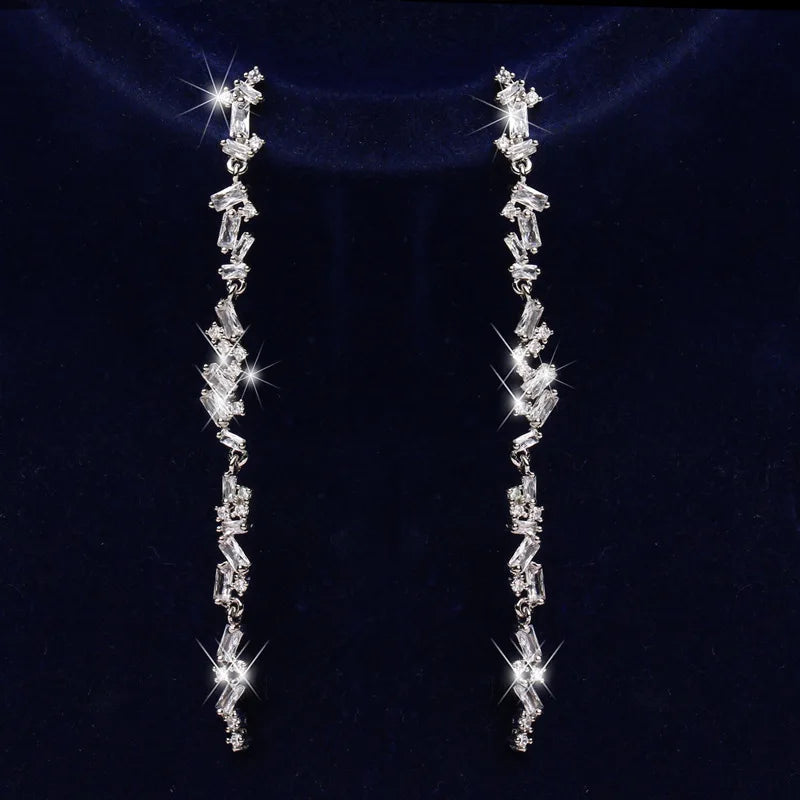JOYFFO Silver Plated Long Irregular Zircon Tassel Earrings for Engagement and Anniversary