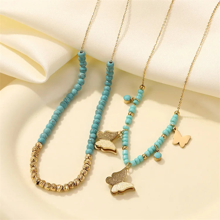 Fahion Beaded Chain Choker Necklace Turquoise butterfly Dangle Charms Necklace