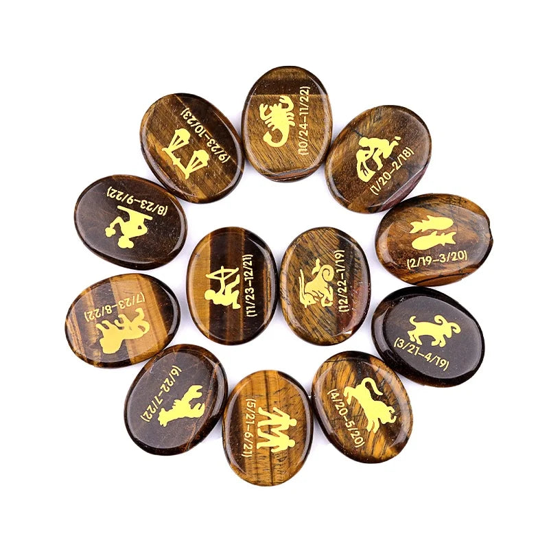 New Model Fashion Custom Design Natural Tiger Eye Gemstones Collectibles 12 Constellation Oval Polished Gemstone