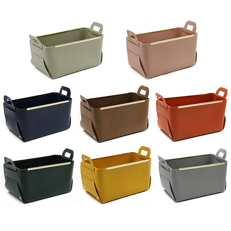 Decorative Faux Leather Basket Small Catchall Basket for Entryway Bedside Dresser End Table Collapsible Rectangle Tray Organizer