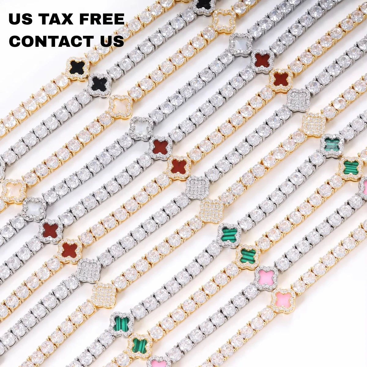 Hot Sale 4mm Clover Bracelet Necklace Jewelry18K Gold Plated Tennis Chain Iced Out  Colorful Shell Cubic Zirconia Chain