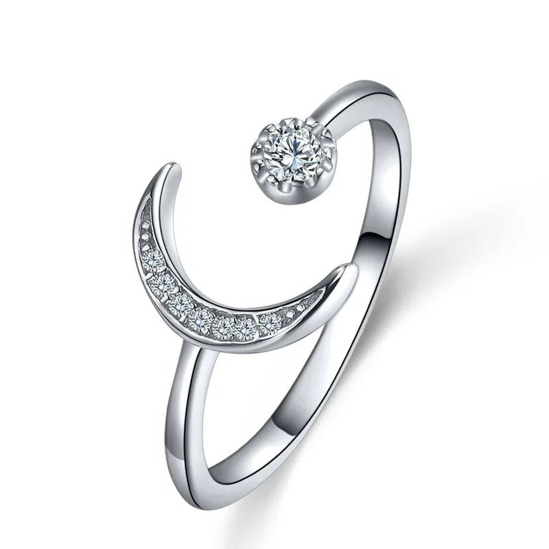 Sterling Silver Crescent Moon Star Rings for Women Girls Adjustable Moon Ring Cubic Zirconia Minimalist Ring Valentines Day Gift