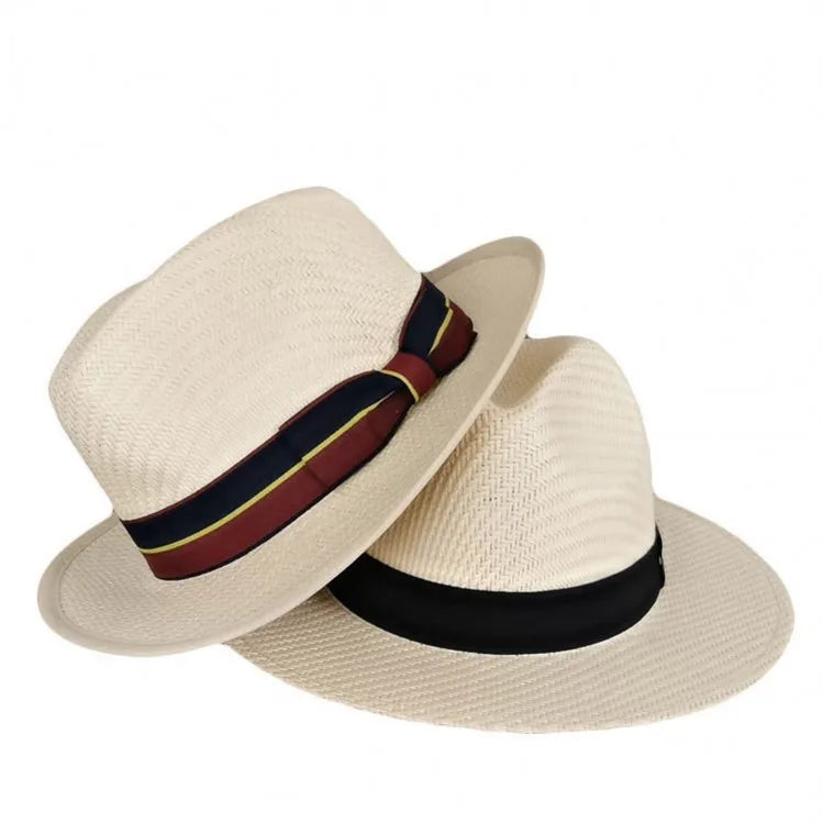 Fashionable Summer Panama Sun Hat Womens/Mens Fedora Paper Straw Hat with Strip Ribbon for Beach or Travel