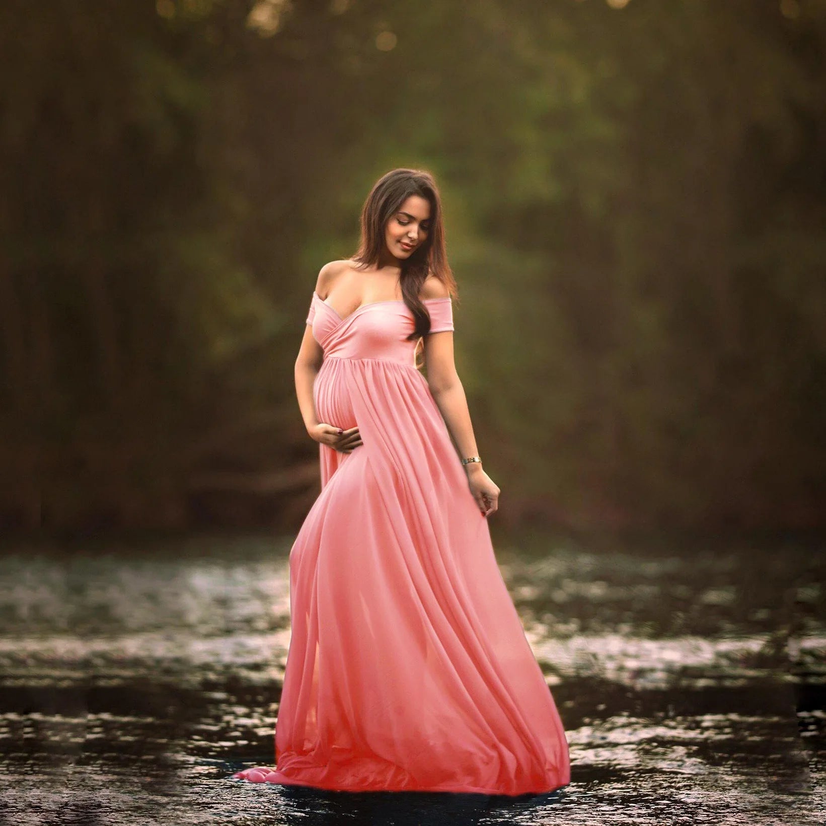 Floral Pattern Lace Chiffon Ball Gown Pregnant Women Plus Size Fluttery Sleeves Photography Dress Summer Pullover Closure Jersey