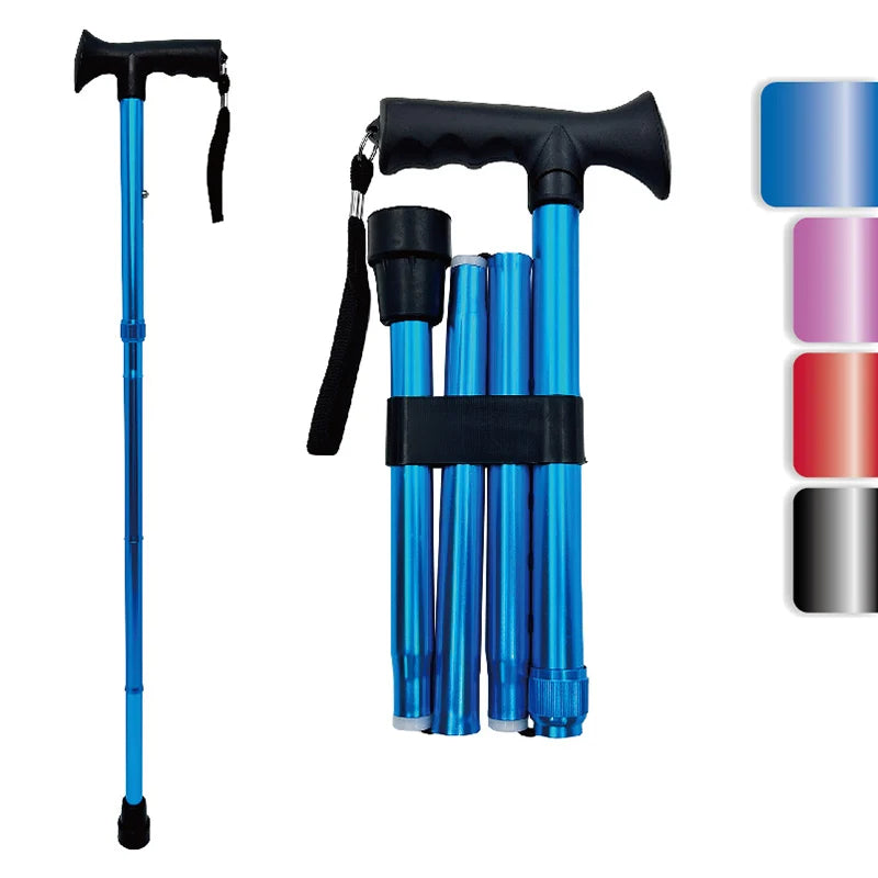 Solid Blue 4-Section Aluminum Alloy Folding Walking Cane Adjustable Crutch Rubber Tip Portable Foldable for Modern Outdoor