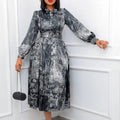 2024 European and American Women's New Long Sleeved High Waist Printed Large Size Dress
