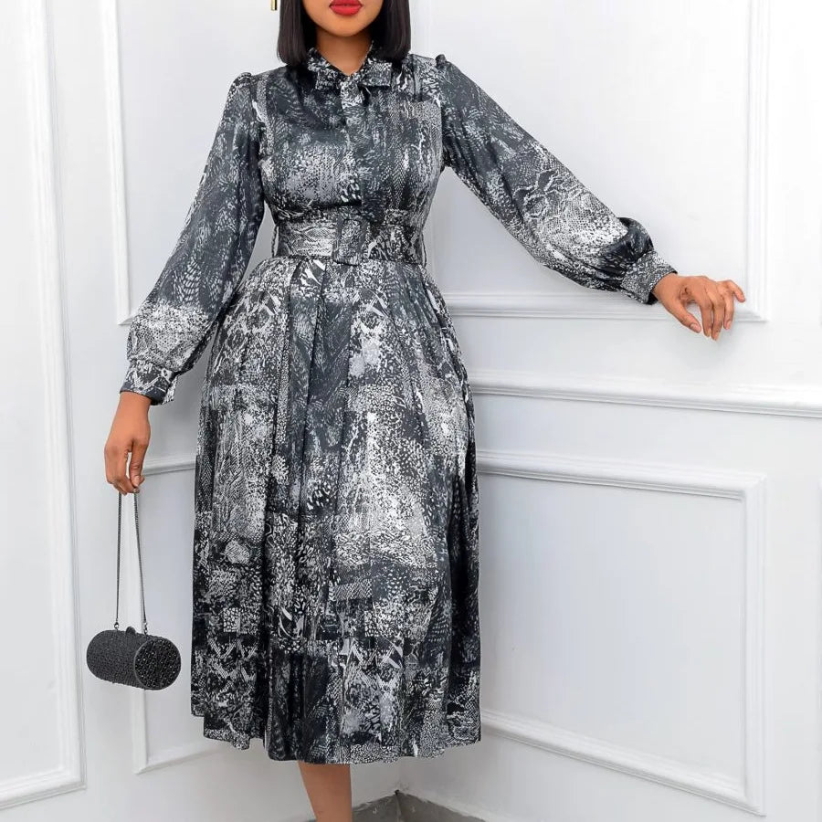 2024 European and American Women's New Long Sleeved High Waist Printed Large Size Dress