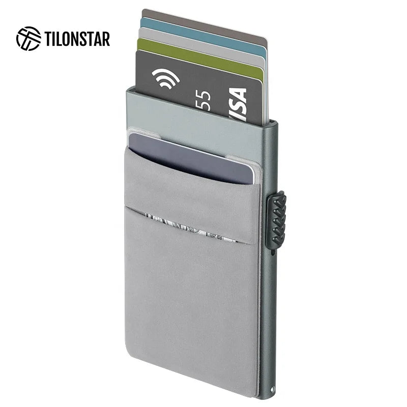 Aluminum Wallet With Elasticity Back Pouch ID Credit Card Holder RFID Mini Slim Wallet Automatic Pop up Bank Card Case