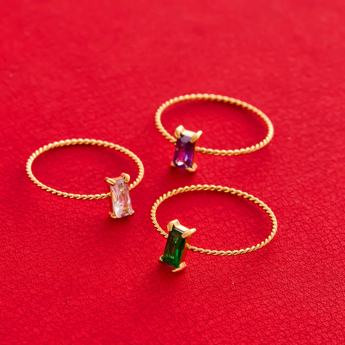 Minimalist 18k Gold Plated Trend Fashion Stainless Steel Rectangle Dainty Colorful Square Zircon Finger Twist Ring for Women