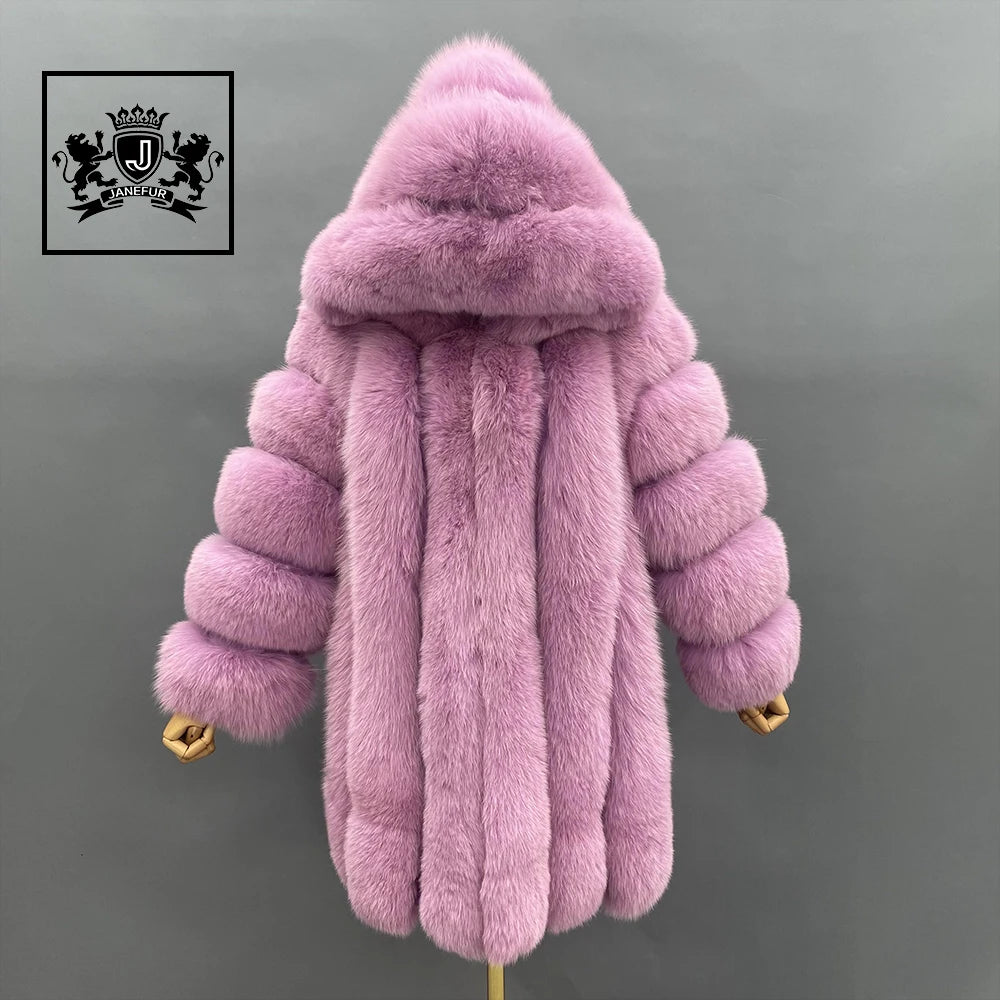 Janefur Factory Wholesale Genuine Natural Real Fox Fur Bomber Jacket with Fur Hood Winter Luxury Women Fur Coat Jacket