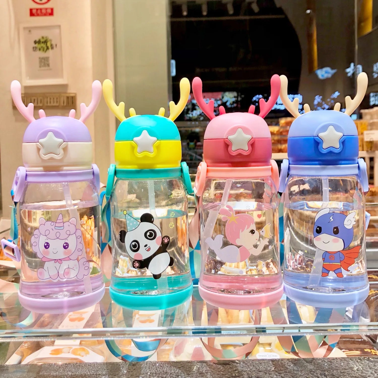 Children School Portable Gift Pattern Bullet Straws Bpa Free Plastic Water Bottle Cute Juice Bottles Beverages With 3D Sticker