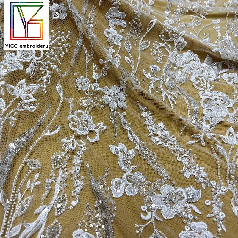 Luxury French Beaded Lace Fabric White Flower Embroidery Wedding Laces Dubai Pearl Bead Sequins Tulle Bridal Lace Fabric