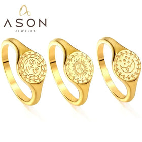 Ason Fashion 18k Gold Plated Stainless Steel Boho Rings Women Wholesale Simple Design Star and Moon Pattern Retro Jewelry Rings