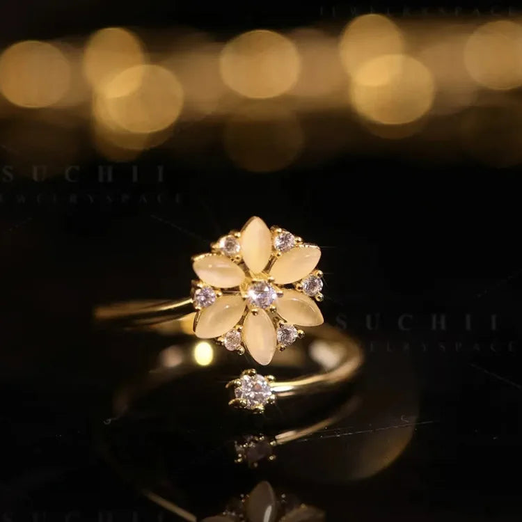 Cubic Zircon Adjustable Rotatable Luxury Opal Zircon Flower Adjustable Cuff Ring Relieving Anxiety Stress Fidget Spinner Rings