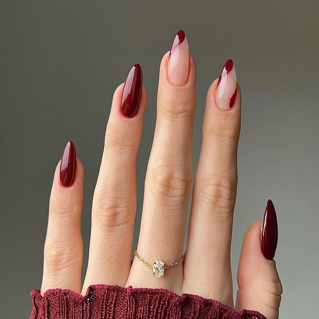 Custom Logo Cherry Red Almond Handmade Acrylic Press on Nails Wholesale Soft Gel Reusable Fake False Nails Tip Set With Glue