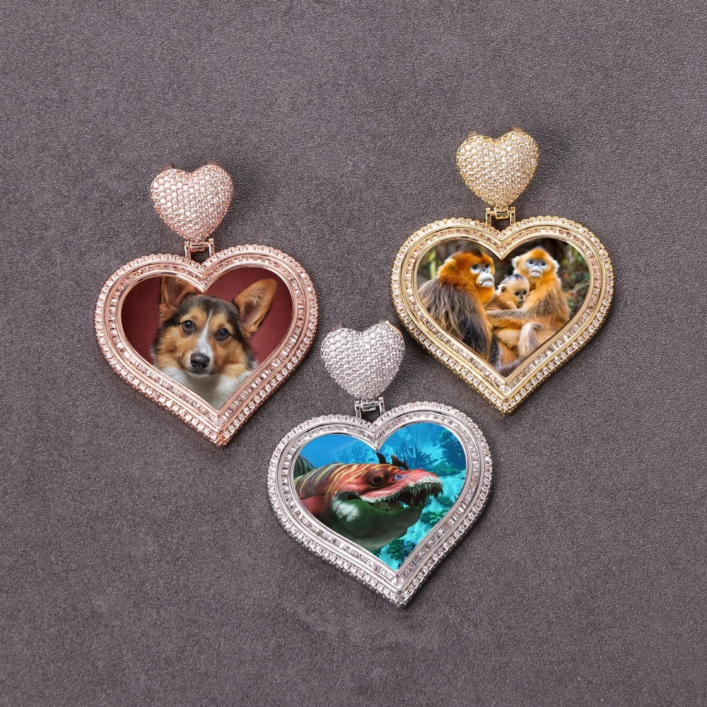 Picture Memory Medallions Heart Pendant Custom Photo Necklaces Hip Hop Bling Jewellery Sublimation Zirconia Heart Charm Necklace
