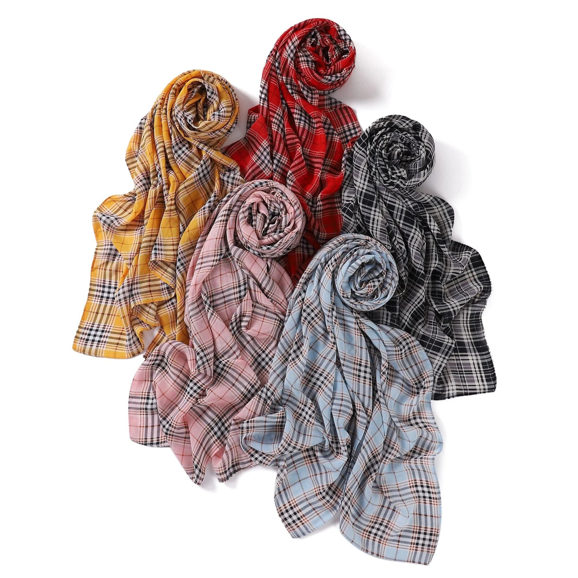 Zifeng OEM Tulle Turban Muslim New Fashion Ladies Plaid Printed Chiffon Scarf