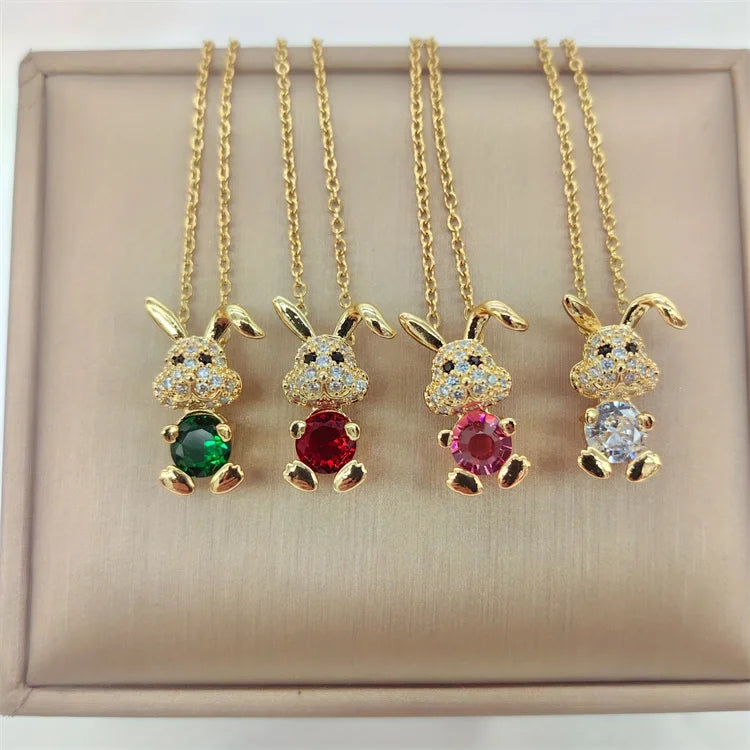 Wholesale Stainless Steel Fashion Jewelry Women Dainty Pink Zircon Crystal Cute Rabbit Necklace