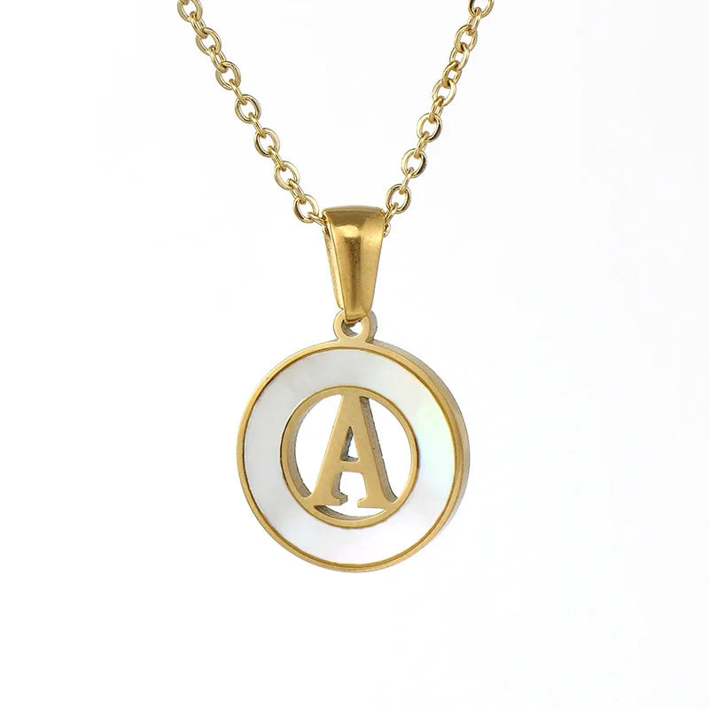Stainless Steel A-Z Alphabet Letter Pendant Necklace Natural Shell Jewelry 18K Gold Round Hollow Initial Necklace