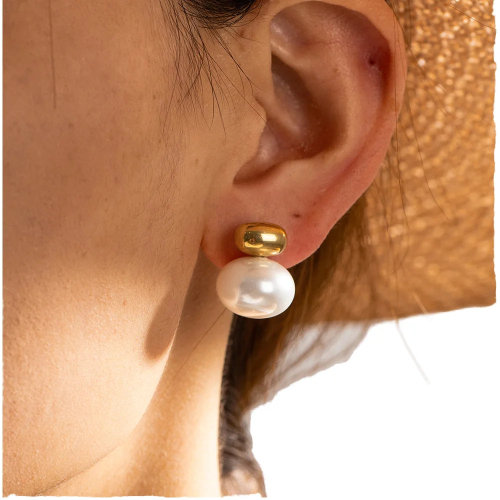 Trendy Women's 18K Real Gold Plated Stainless Steel Ball Earrings Classic Pearl Stub Drop Earrings