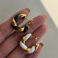 2024 Dazan New Ins 18k Gold Plated Hypoallergenic Stainless Steel Black White Epoxy Design Twist Earrings Luxury Jewelry Women