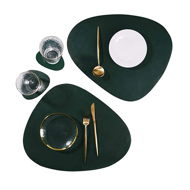 Durable Eco-Friendly Waterproof Faux Leather Square 2 Sets One Big Place Mat + One Small Coaster Table Protection Pad