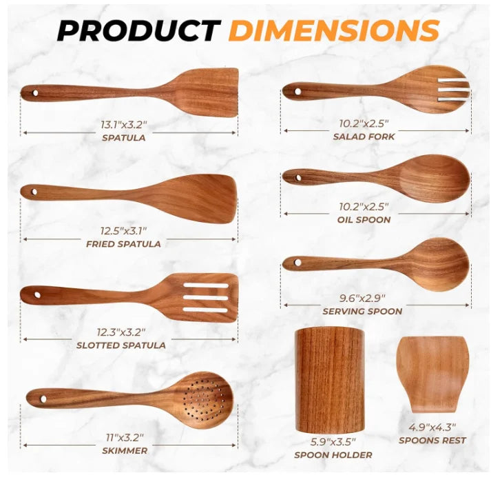 Wholesale Wood Kitchen Utensils with Holder 9 Pcs Set Kitchen Utensil Set Cookware Made of Natural Solid Wood Material