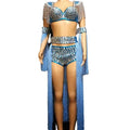 Fashion Blue Crystal Tassel Bikini Outfits Sets Showgirl Stage Costume Women Adult Exotic Stripper Dancewear Performance Wear