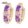 Women Brass Huggie Hoop Earring Real Gold Plated Pink Purple Cubic Faceted Earring