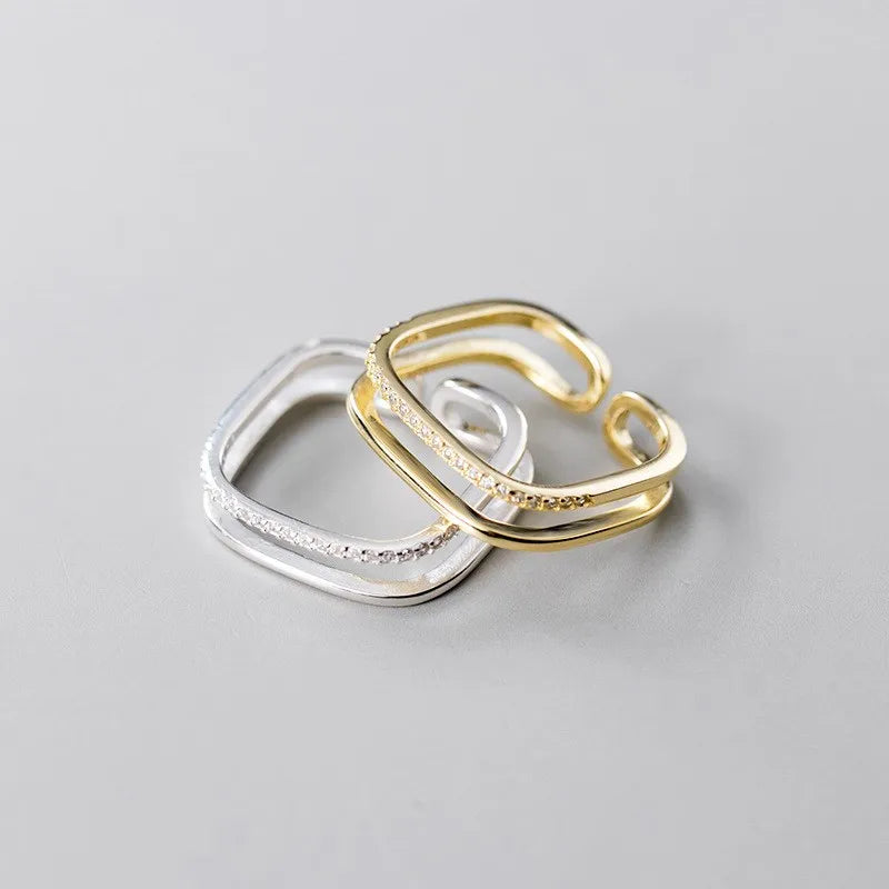 925 Sterling Silver Unique Square Shape Gold Plated Adjustable Open Finger Knuckle Zircon Rings Fashion Jewelry for Women
