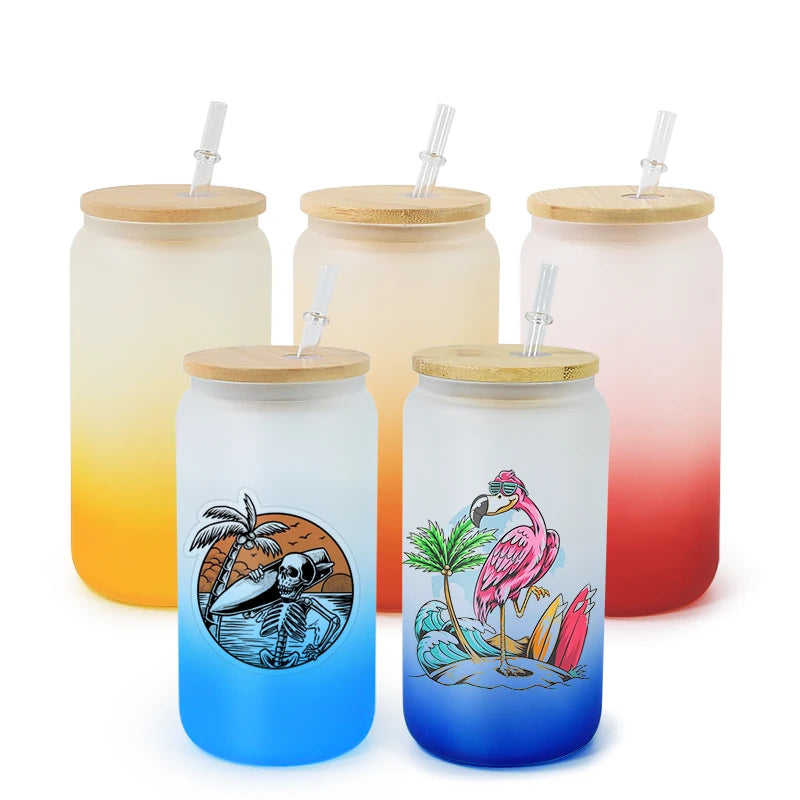 Wholesale Frosted clear Blank Sublimation 12oz 16oz Can Shaped Drinking Gradient Beer Can Glass With Bamboo Lid and Straw