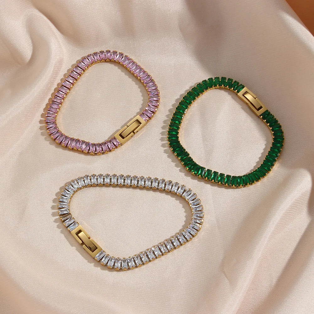 Fashion 18K Gold Plated Stainless Steel Bracelet Elegant Colorful Rectangle Zircon Bracelet for Women Girls Jewelry Gifts