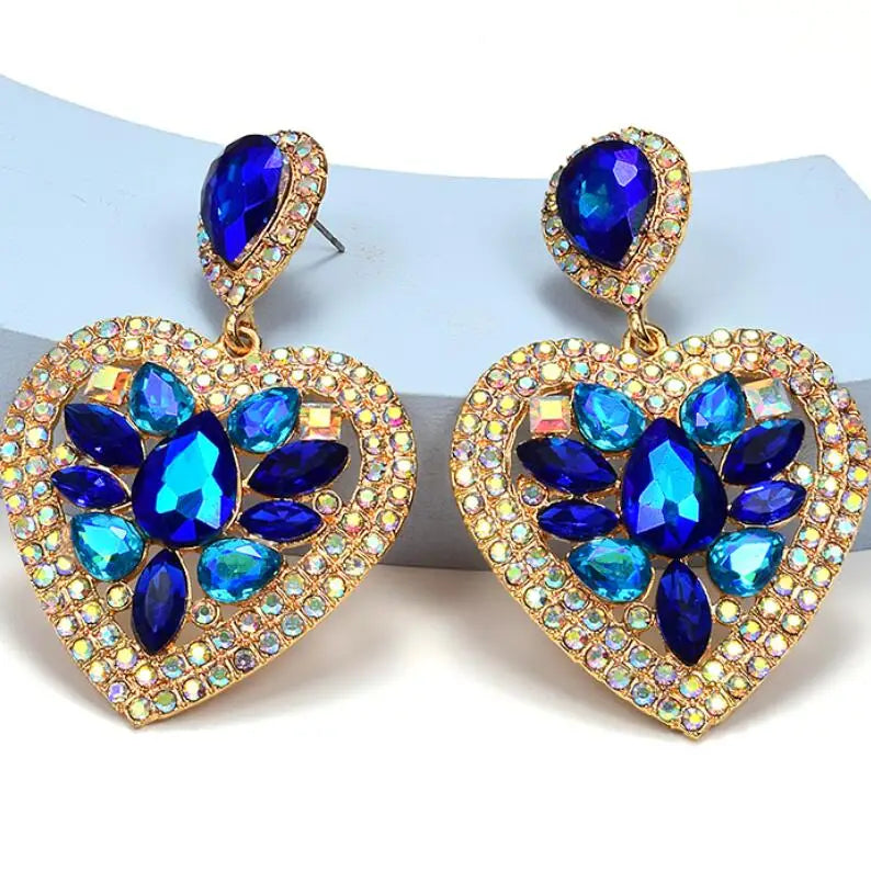 Kaimei 100 Designs 2022 New 5 Colors Statement Colorful Crystal Heart Metal Drop Earring Blue Stone Glass Diamond Heart Earrings