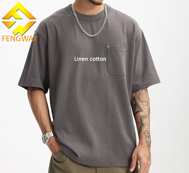 Customized Men's Casual Linen Cotton T-Shirt Streetwear with Drop Shoulder Made Heavyweight Jersey Fabric Direct Manufacturer