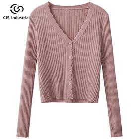 Elegant Casual Loose Cotton Cardigan for Women Custom Wavy V-Neck Elegant Knitwear Button Manufacturers' Short Length Sweater