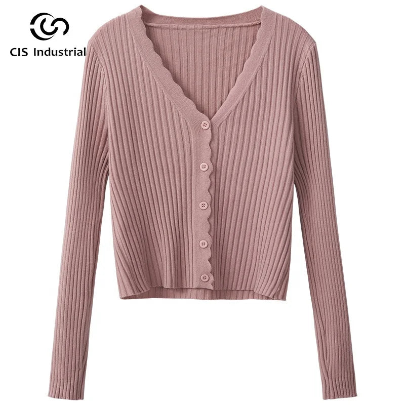 Elegant Casual Loose Cotton Cardigan for Women Custom Wavy V-Neck Elegant Knitwear Button Manufacturers' Short Length Sweater