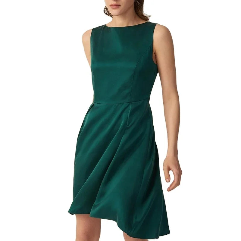 MANNI Premium Silk High Waist Flared Sundresses for Women Dark Green Quinceanera Trendy Dresses