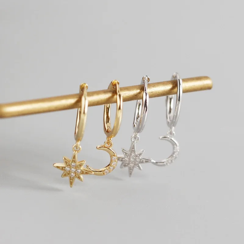 2022 NEW Fashion Earrings Jewelry 925 Sterling Silver Star and Moon Drop Earrings Gold Plated Hoop Earrings for Women