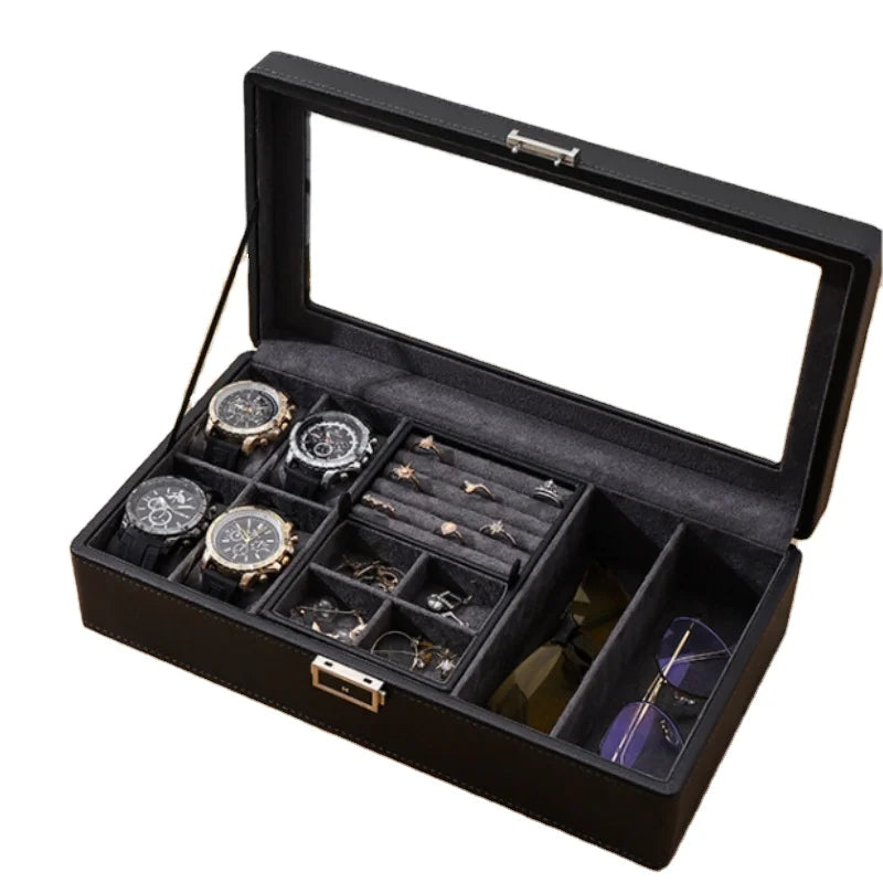 Luxury Black PU Leather 4 Watch 2 Glasses Rings Jewelry Combined Storage Box With Removable Tray