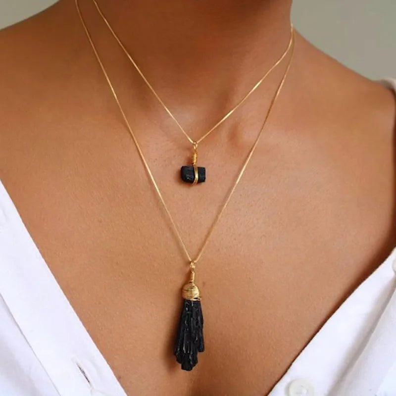 Dainty Raw Black Tourmaline Necklace 18k Gold Filled Wire Wrapped Crystal Natural Stone Necklace Jewelry