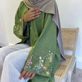 LM113 Modest Dress for Women Pistachio Coquette Handmade Embroidery Floral Pattern Floor-Length Abaya for Sunny Summer Days