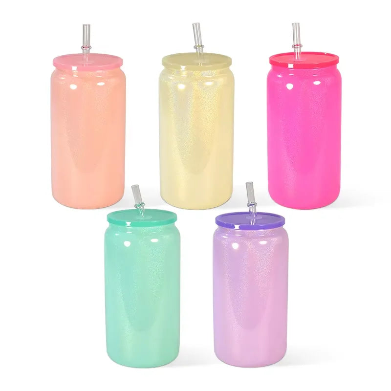 China RTS 16oz Shimmer Glass Can Reusable Tumbler Colorful Sublimation Blanks Glitter Rainbow Glass Beer Can with Straw Lid