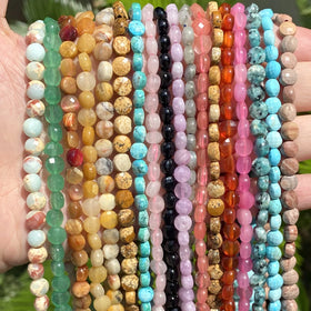 6mm Natural Stone Beads Faceted Turquoises Black Agates Rose Quartz Jades Flat Round Spacer Beads for Jewelry Making DIY