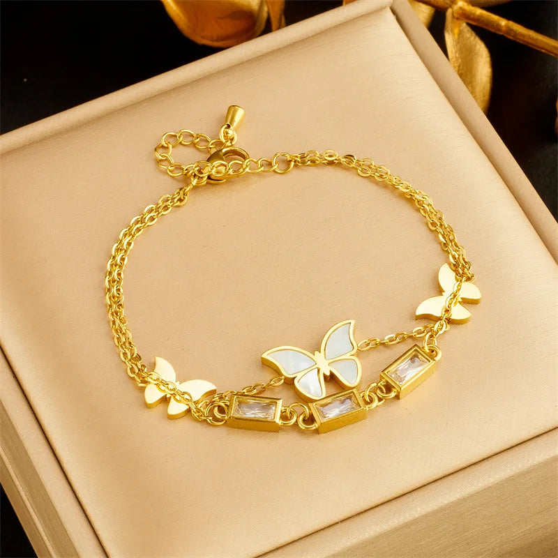 Simple Gold Plated Cubic Zirconia CZ Geometric Butterfly Bracelet Layered Stainless Steel Butterfly Bracelet for Birthday
