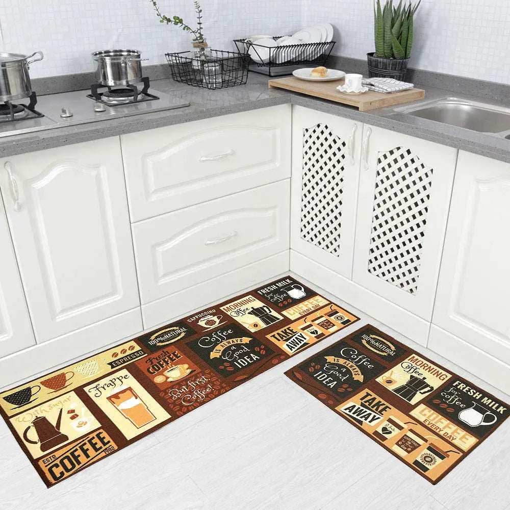 2 Piece Kitchen Carpet Set Non-slip Back Mat Throw Pillow Kitchen Door Mat Running Carpet Set Cafe Design