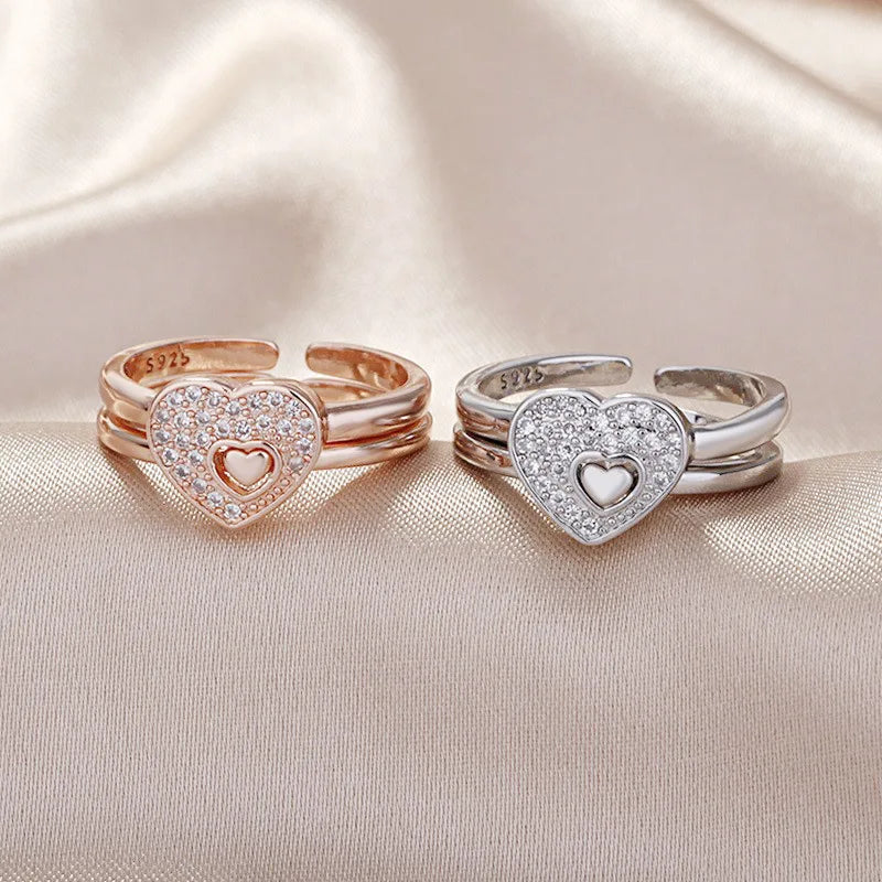 Europe And America Fashion Wedding Jewelry 2pcs/set Ring For Women Luxury Heart Hollow Open Temperament Diamond Ring