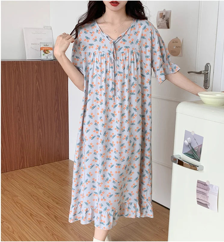 2025 New Women's Nightgown Summer Comfortable Thin Short Sleeve Printed Plus Size Pajama Dress